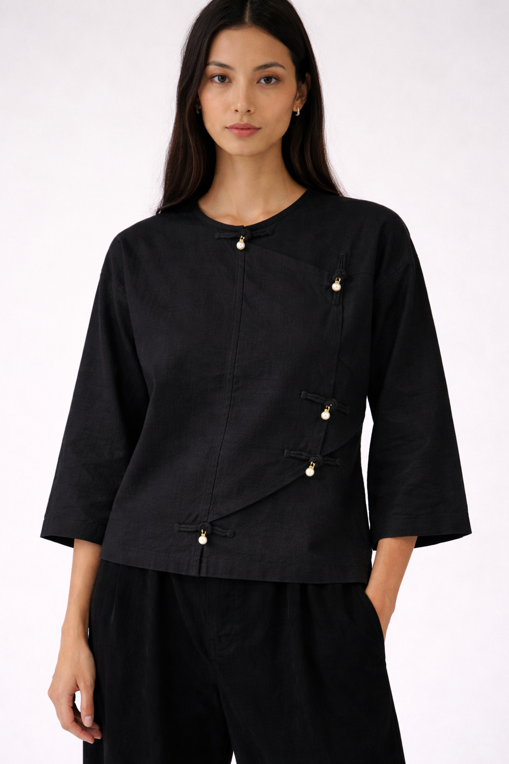 Pearl-button Nit Tayar Cotton Mid Sleeve Top