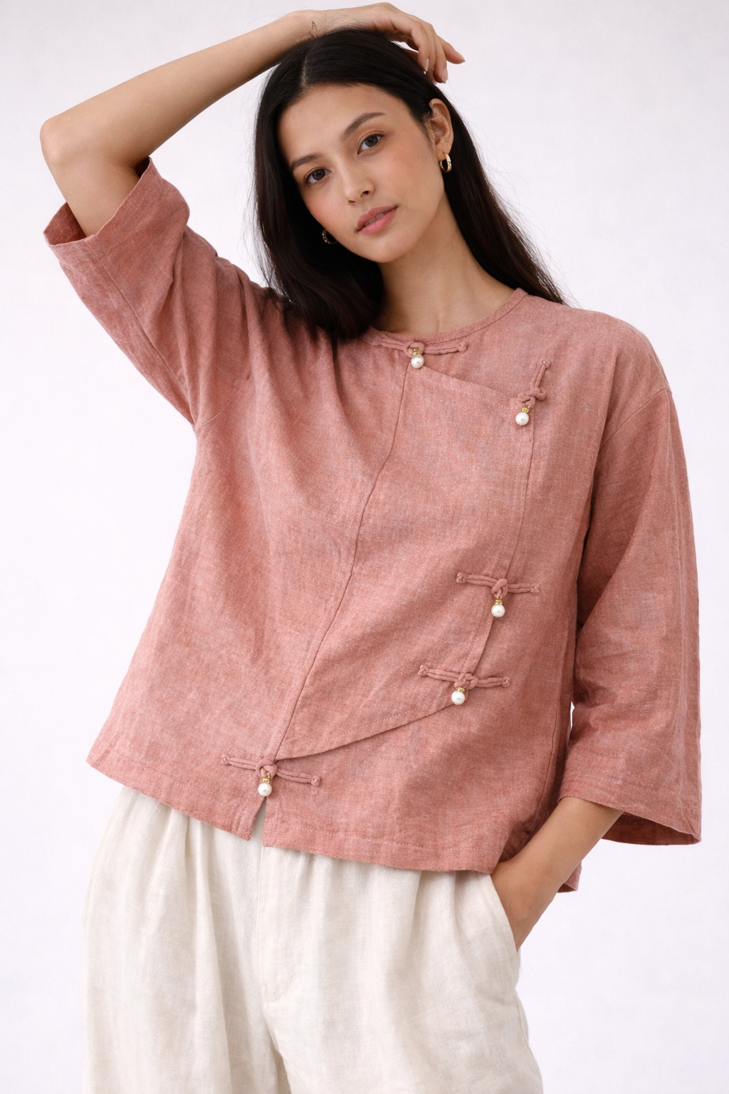 Pearl-button Nit Tayar Cotton Mid Sleeve Top