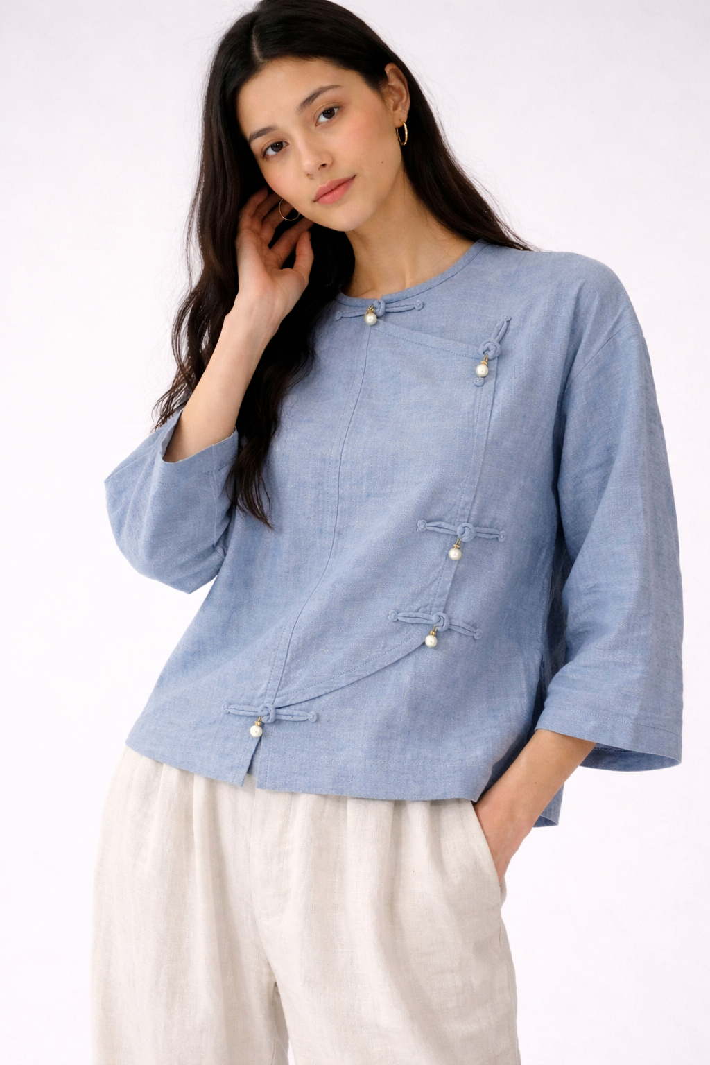 Pearl-button Nit Tayar Cotton Mid Sleeve Top