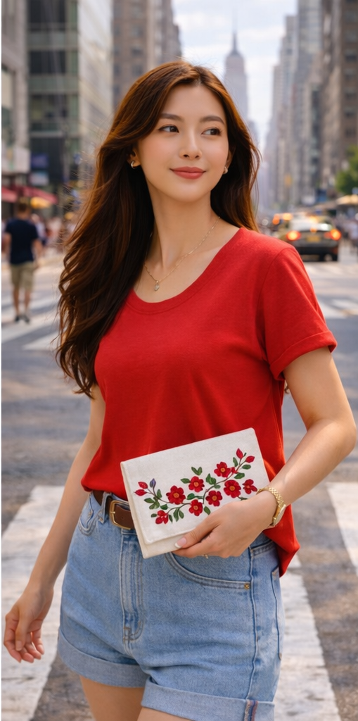 Crimson Blossom With Green Leaf Embroidered Wallet