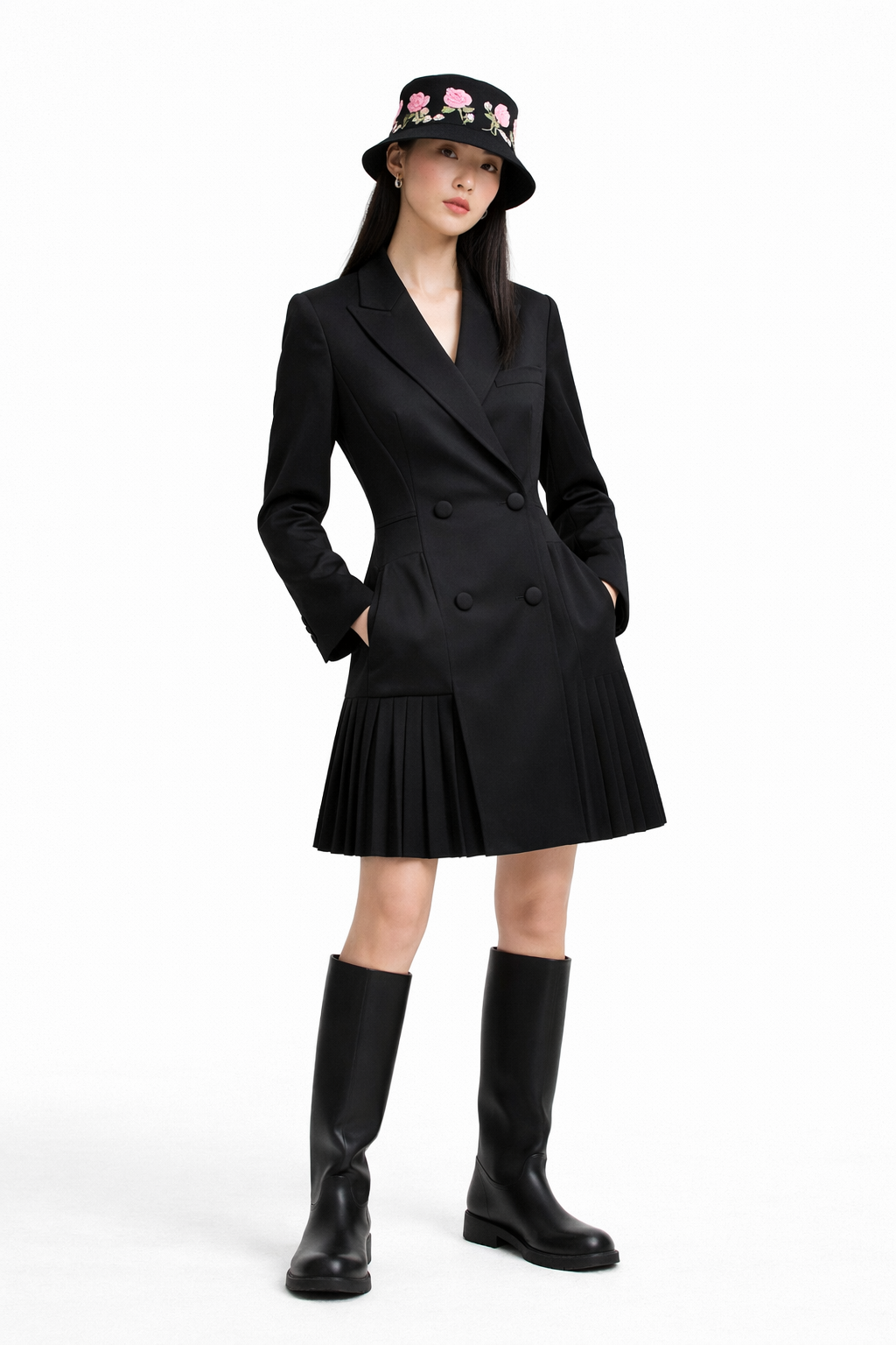 Double-Breasted Pleated Blazer Dress