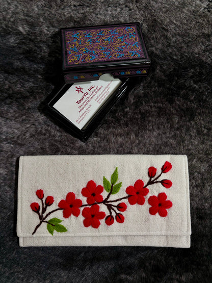 Crimson Blossom With Green Leaf Embroidered Wallet