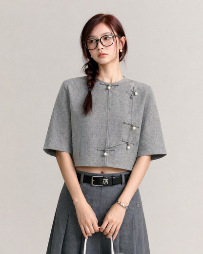 Pearl-button Nit Tayar Cotton Mid Sleeve Top